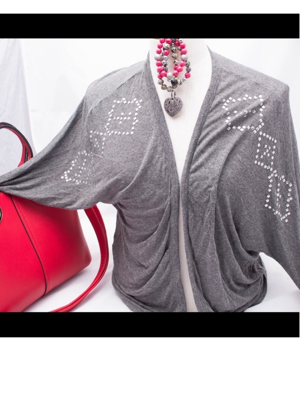 Gray Women's Stud-Accent Open Front Sweater Cardigan - Picture 1 of 2